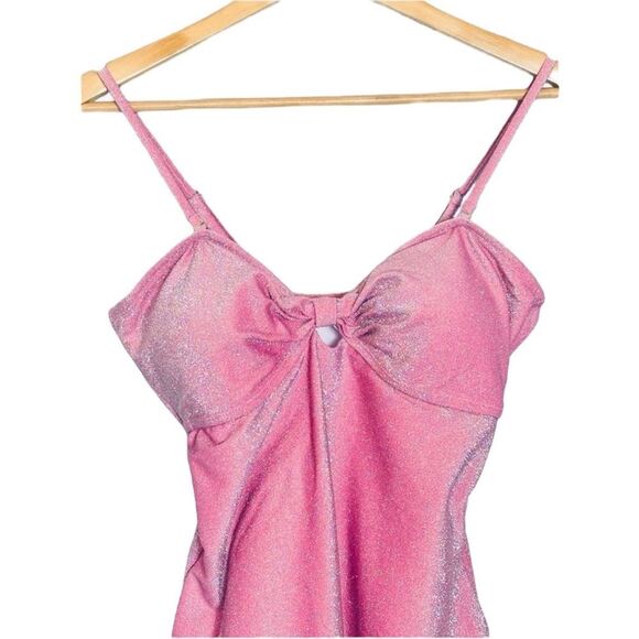 Betsey Johnson Barbie Pink Metallic Glitter Sweetheart Bow Keyhole Swimsuit - Picture 8 of 12